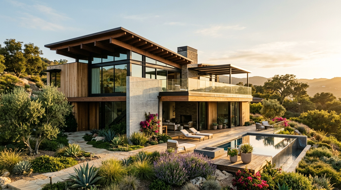 Modern hillside house with infinity pool and native landscaping